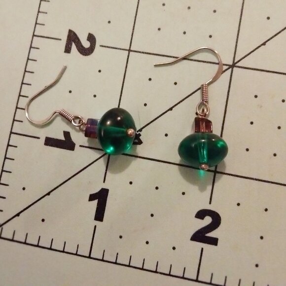 Earrings Green Glass Bead Iridescent iris Accent Handmade Dangle - Picture 4 of 4